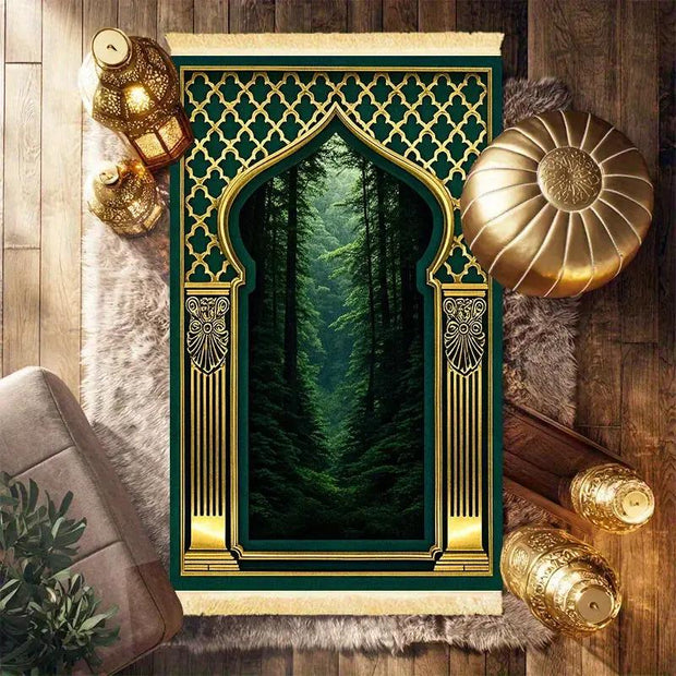 Tapis de prière velours vert or antidérapant luxe Mes Tapis De Prière