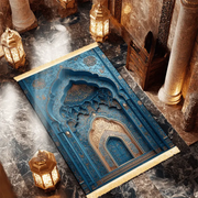 Tapis de prière bleu doré antidérapant luxe Mes Tapis De Prière