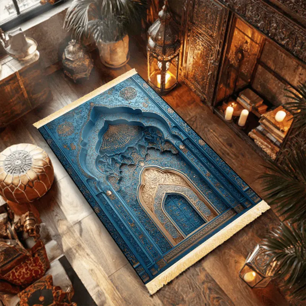 Tapis de prière bleu doré antidérapant luxe Mes Tapis De Prière