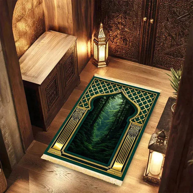 Tapis de prière velours vert or antidérapant luxe Mes Tapis De Prière
