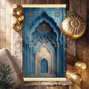 Tapis de prière bleu doré antidérapant luxe Mes Tapis De Prière