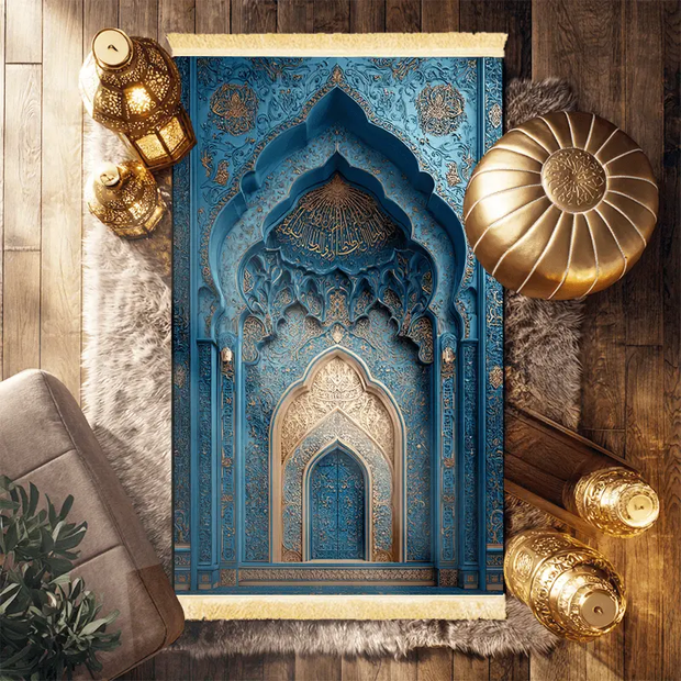 Tapis de prière bleu doré antidérapant luxe Mes Tapis De Prière