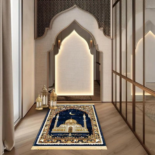 Tapis de prière bleu doré velours antidérapant Mes Tapis De Prière