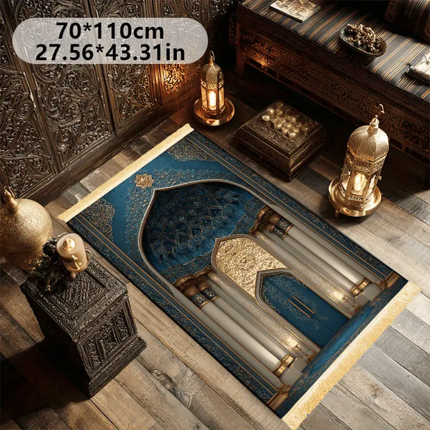 Tapis de prière bleu or velours antidérapant Mes Tapis De Prière