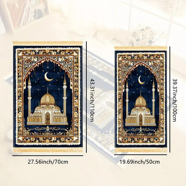 Tapis de prière bleu doré velours antidérapant Mes Tapis De Prière