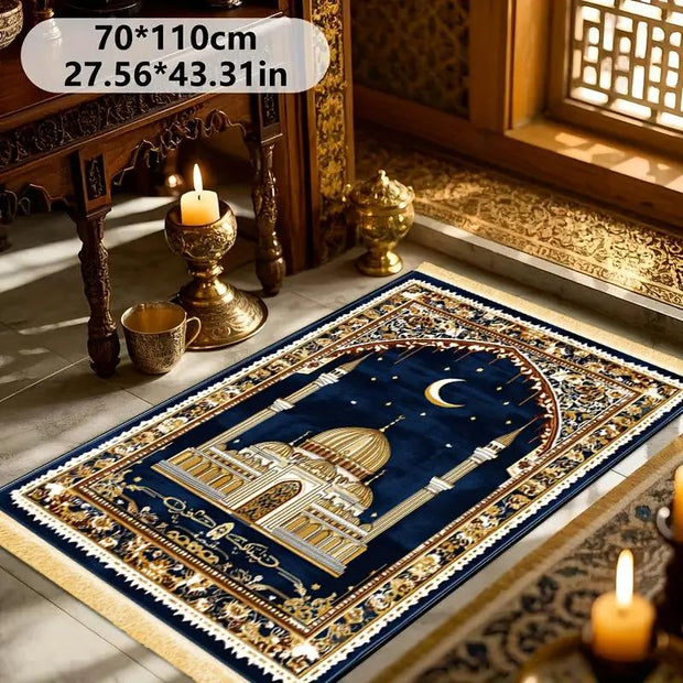 Tapis de prière bleu doré velours antidérapant Mes Tapis De Prière