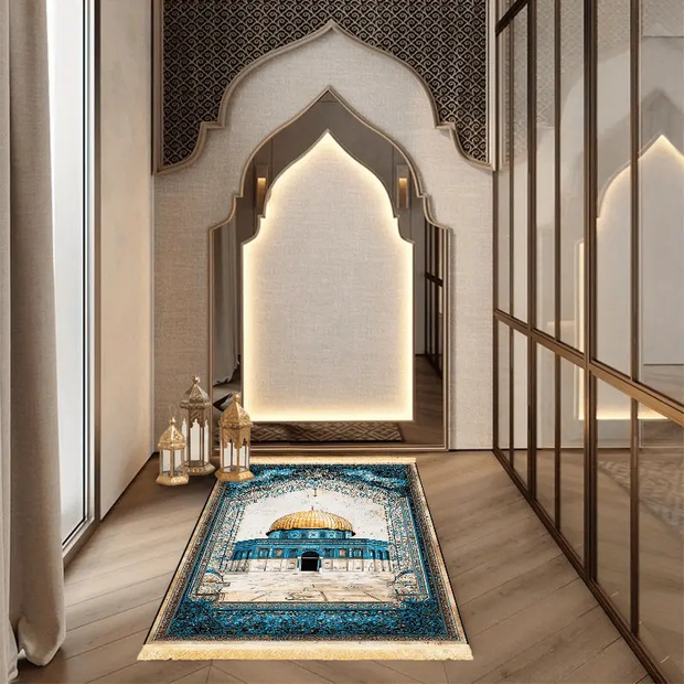 Tapis de prière bleu doré antidérapant pliable Mes Tapis De Prière