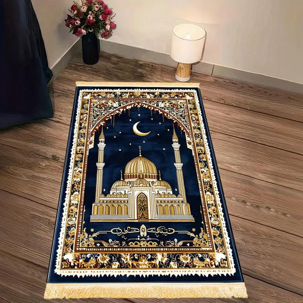 Tapis de prière bleu doré velours antidérapant Mes Tapis De Prière