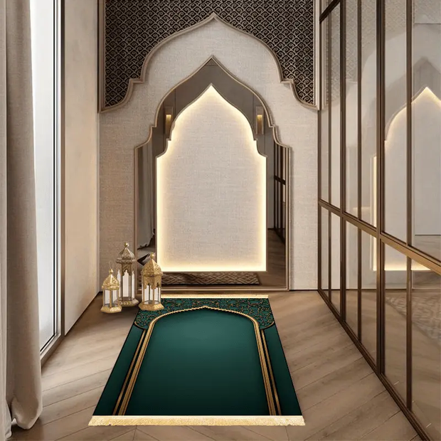 Tapis de prière vert doré antidérapant pliable luxe Mes Tapis De Prière
