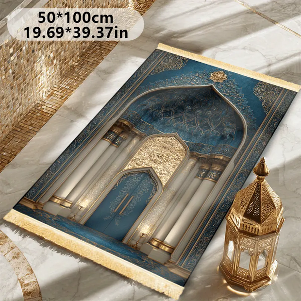Tapis de prière bleu or velours antidérapant Mes Tapis De Prière