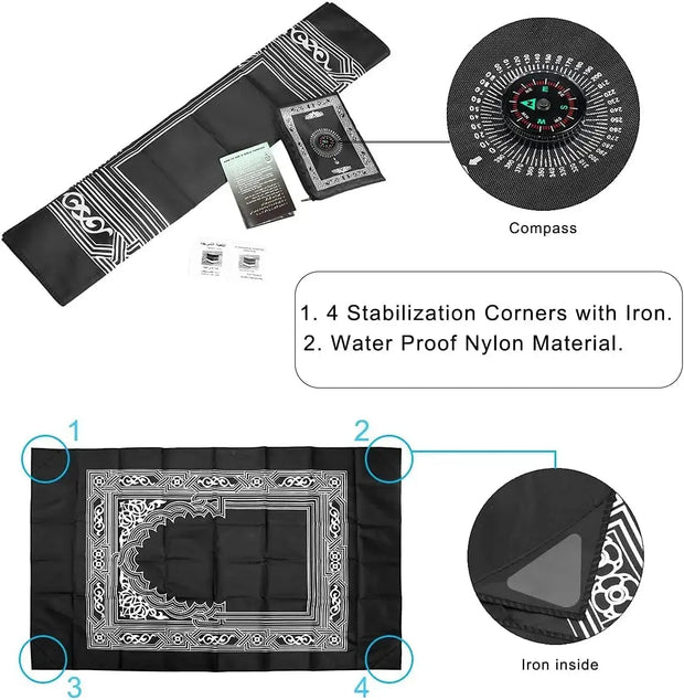 Tapis de prière vert clair avec boussole et pochette pratique - Mes Tapis De Prière