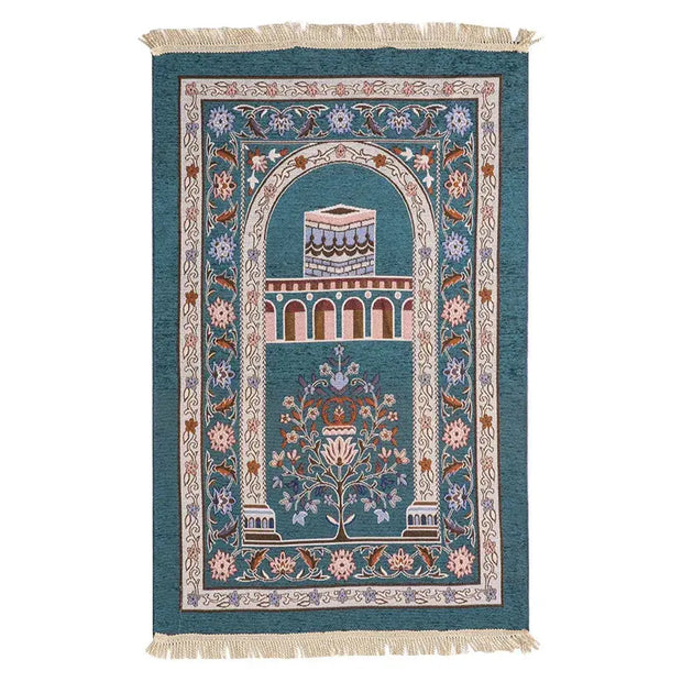 Tapis de prière pliable bleu en chenille lavable - Mes Tapis De Prière