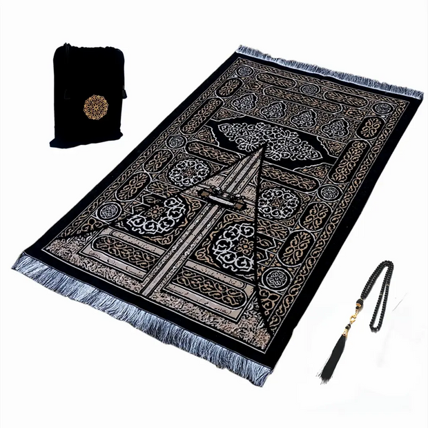 Tapis de prière musulman noir en chenille lavable élégant - Mes Tapis De Prière