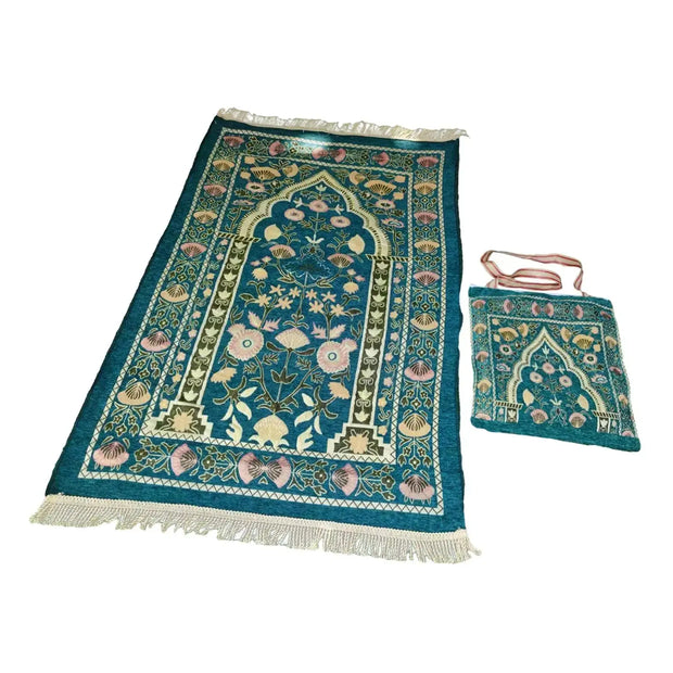 Tapis de prière musulman vert avec sac de transport pratique - Mes Tapis De Prière
