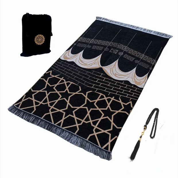 Tapis de prière musulman noir en chenille lavable design - Mes Tapis De Prière