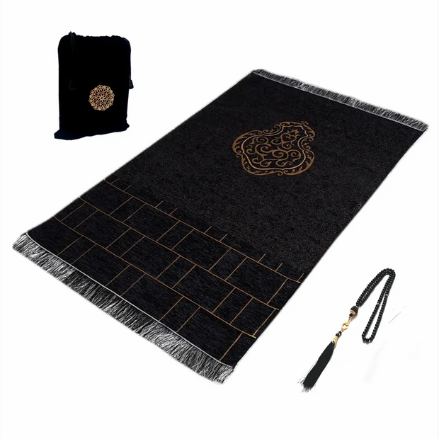 Tapis de prière musulman noir chenille lavable élégant - Mes Tapis De Prière