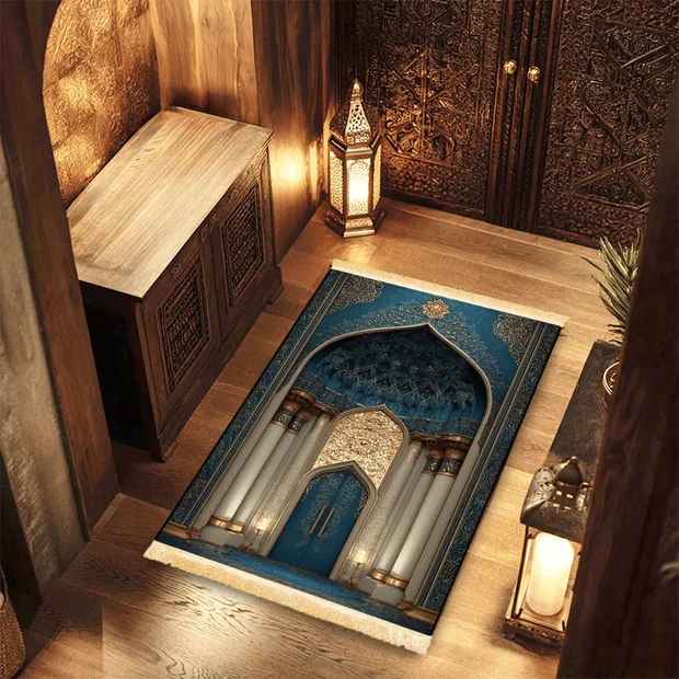 Tapis de prière bleu or velours antidérapant Mes Tapis De Prière