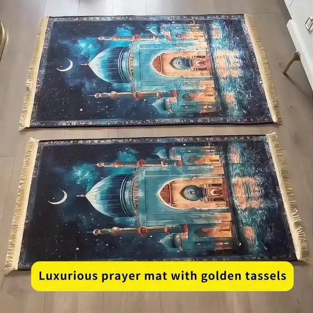 Tapis de prière bleu doré antidérapant pliable Mes Tapis De Prière