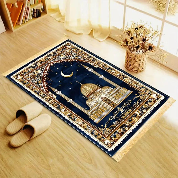 Tapis de prière bleu doré velours antidérapant Mes Tapis De Prière