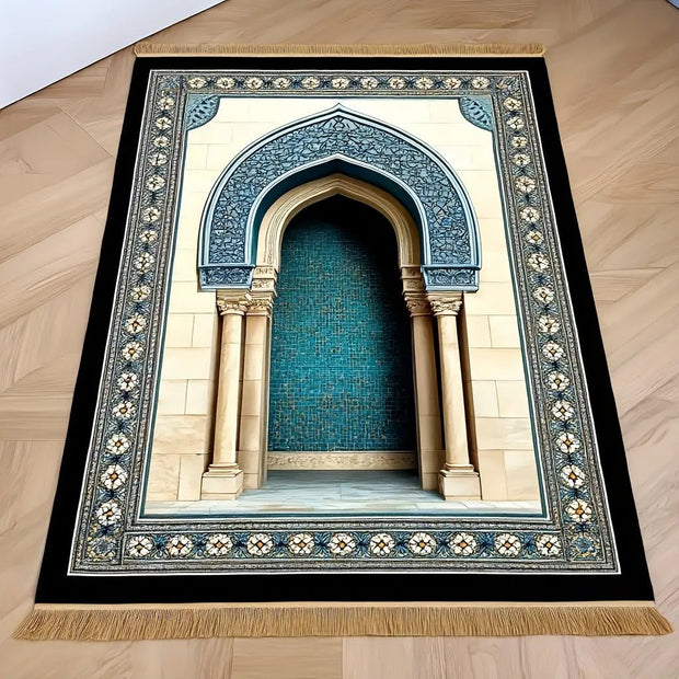 Tapis de prière bleu doré en flanelle pliable Mes Tapis De Prière