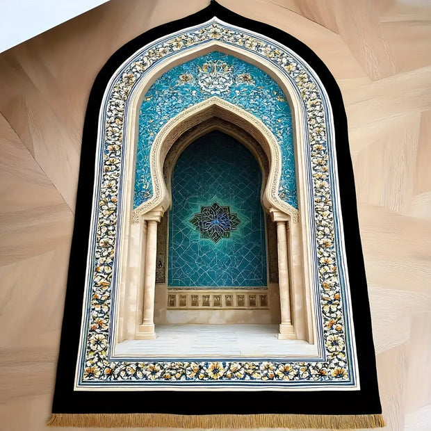 Tapis de prière bleu doré en flanelle pliable Mes Tapis De Prière