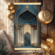 Tapis de prière bleu or velours antidérapant Mes Tapis De Prière