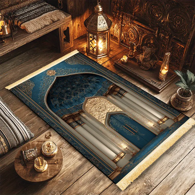 Tapis de prière bleu or velours antidérapant Mes Tapis De Prière